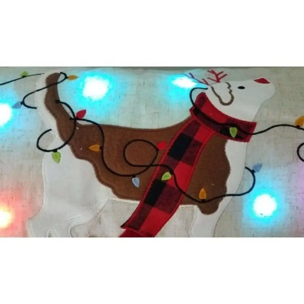 174 Accent Pillow Reindeer Dog Christmas Holiday Blinking Light-Up Buffalo Plaid
